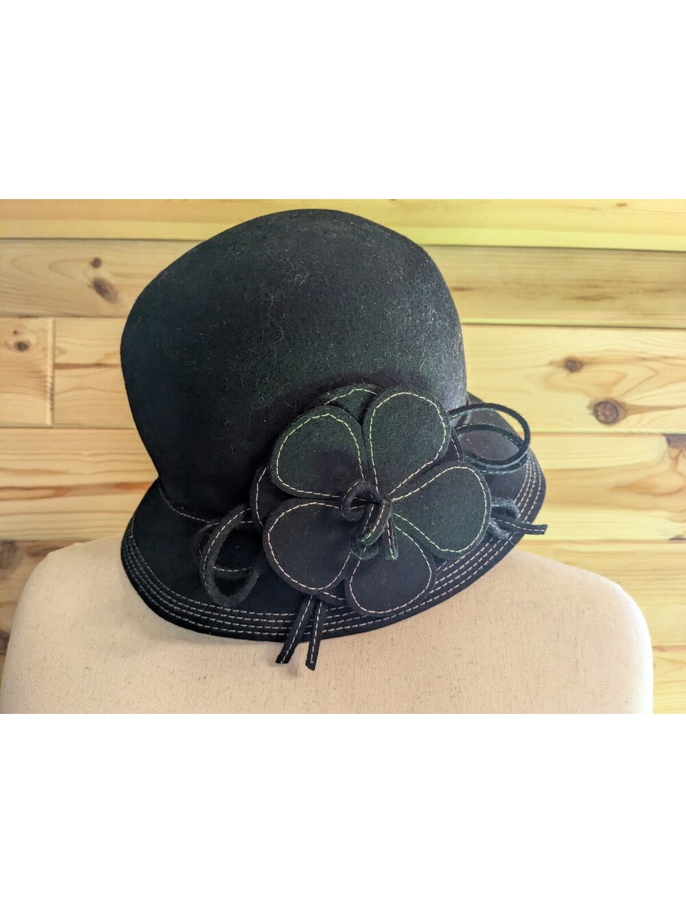 Callahan Black 100% Wool Cloche Hat Flower Applique